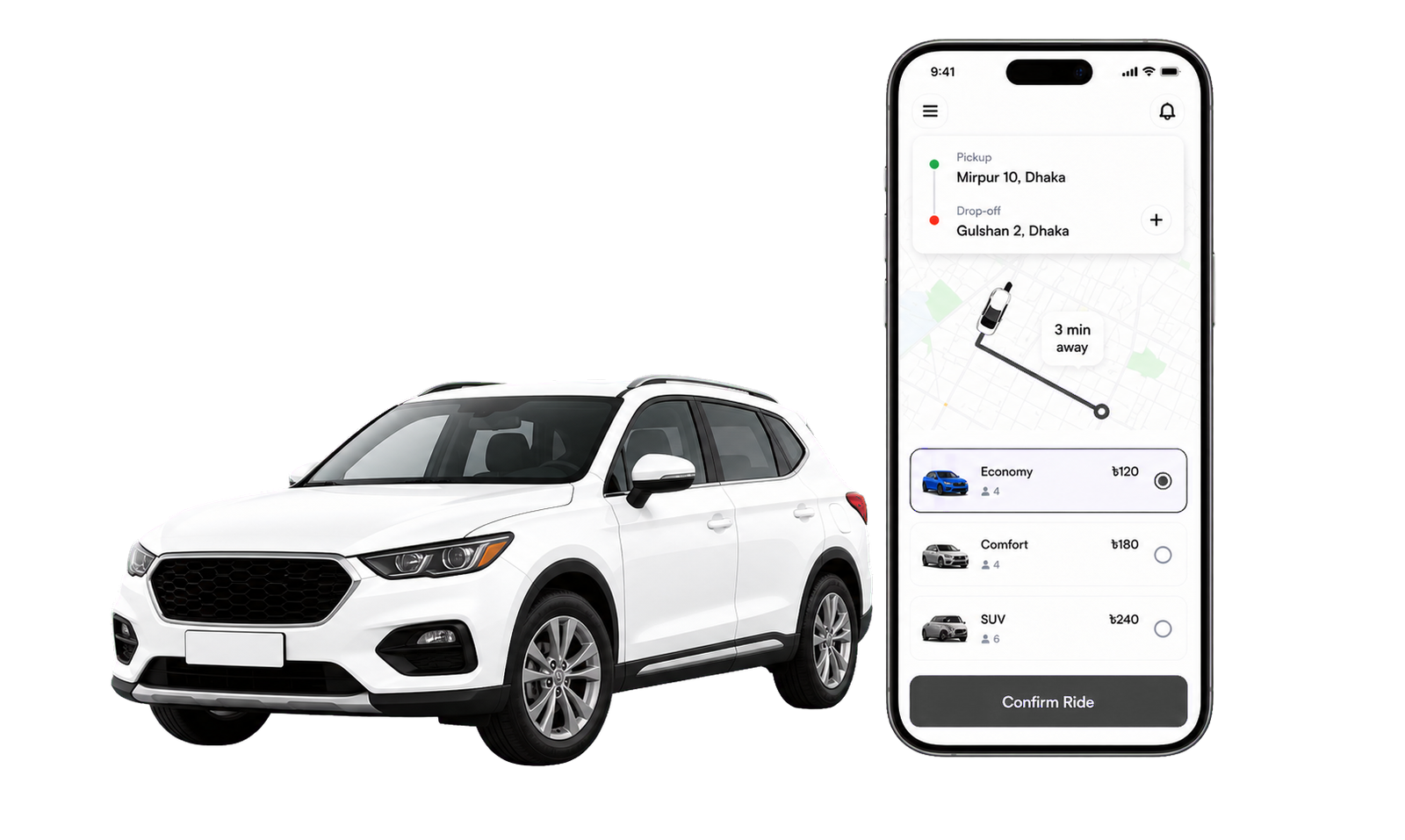 Meuvly app preview with route map and white SUV